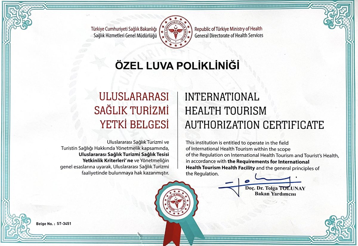 Zulassung des türkischen Gesundheitsministeriums für internationalen Gesundheitstourismus, Özel Luva Polikliniği, Belegnummer ST-3451